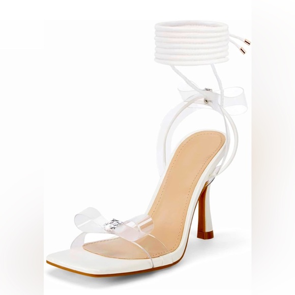 coutgo Shoes - Women’s Clear Bow Heeled Sandals Strappy Lace Up, Rhinestone’s, White Sz 5.5